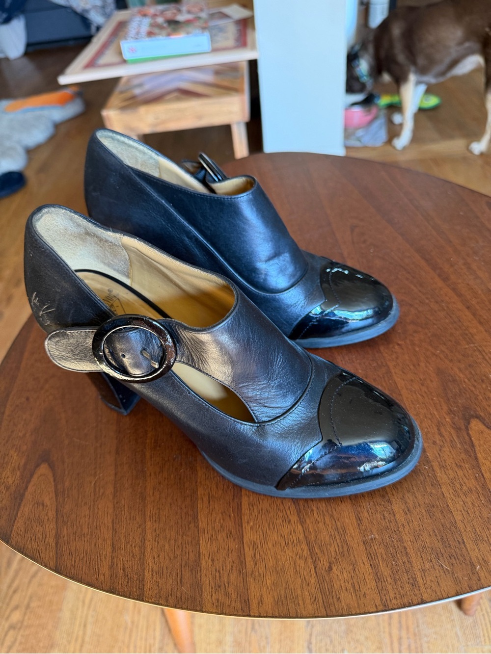 John Fluevog Black Leather Mary Jane Heels with Patent Toe and Buckle